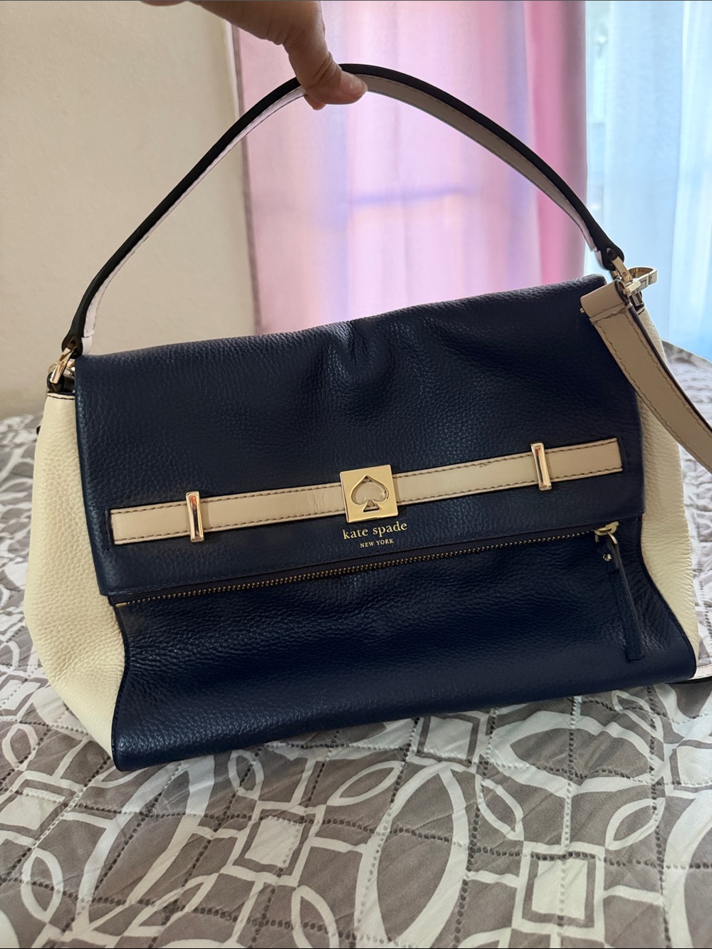 kate spade Navy and Cream Leather Shoulder Bag with Gold Hardware